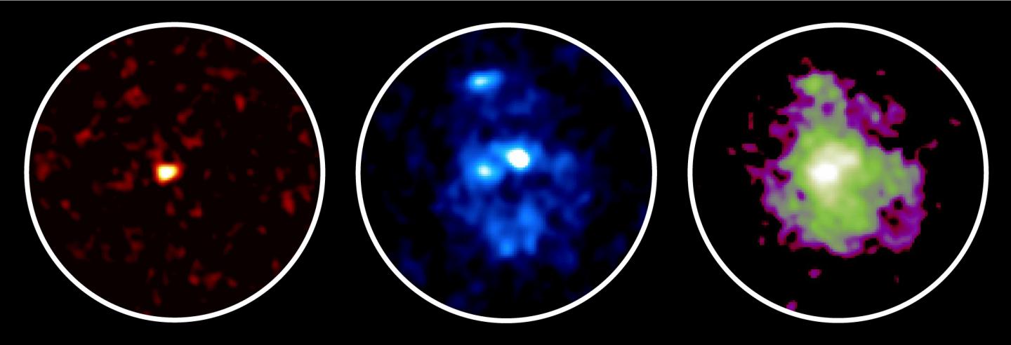 アルマ望遠鏡とハッブル宇宙望遠鏡で観た110億光年彼方の銀河の観測画像