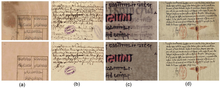 Restoration and content analysis of ancient manuscripts via color space based segmentation