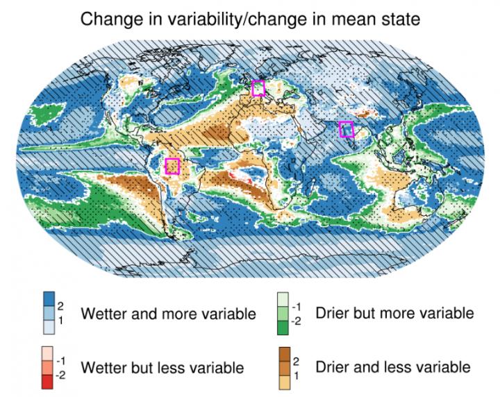 Classification of precipitation change regimes based on changes in the precipitation mean state and variability. Shading indicates the ratio of change in precipitation variability and mean precipitation.