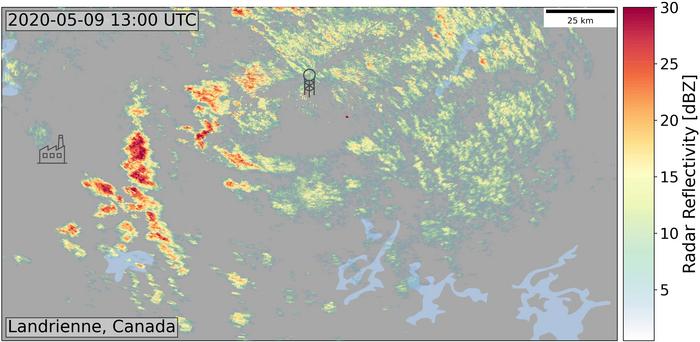 Weather radar images show a plume of snow downwind of the Rouyn-Noranda copper smelter in Canada. The weather radar is located near Landrienne, Canada.