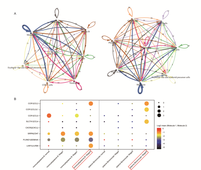 Predicted interactions of plasma cells and monocytes in different R-ISS stages.