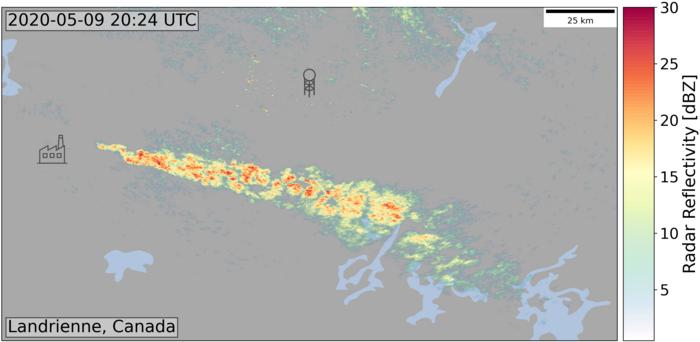 The weather radar image shows a plume of snow downwind of the Rouyn-Noranda copper smelter in Canada. The weather radar is located near Landrienne, Canada.