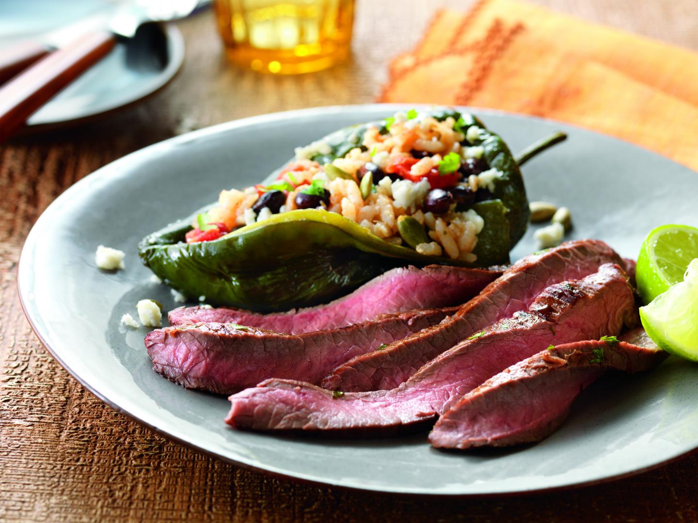 Lime-Marinated Flank Steak with Stuffed Poblano Peppers
