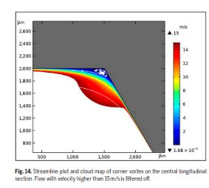 Fig. 14. Streamline plot and cloud map of corner vortex on the central longitudinal section. Flow with velocity higher than 15 m/s is filtered off.