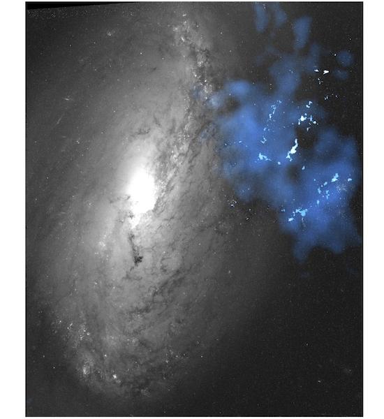 Tidal dwarf galaxy (blue) and a spiral galaxy (greyscale).