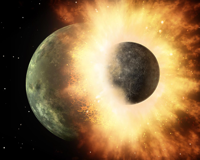 Artist's illustration of a massive celestial object slamming into a Mercury-sized planet