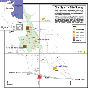 Map of the ancient remains at Zita, with areas of research indicated.