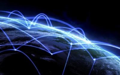 Part of Earth Seen from Outer Space and Beam of Light Connecting Places