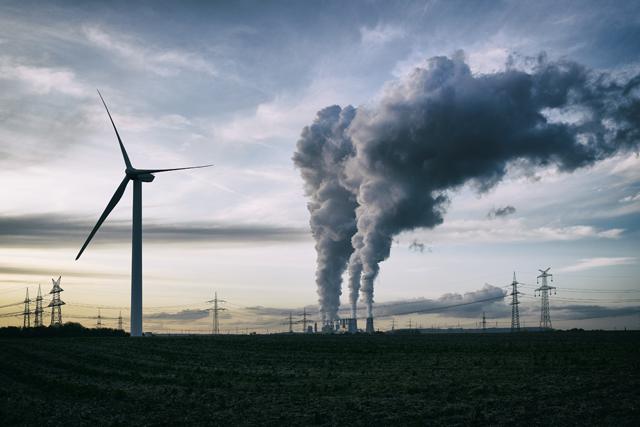 Wind energy versus coal fired power plant photo