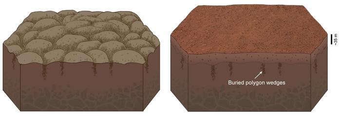 Schematic model of the polygonal terrain formation process at the Zhurong landing site.