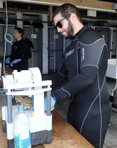 Rice University's Alex Veglia sampling coral