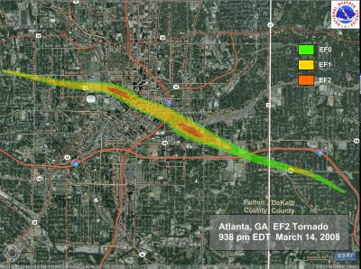 Map of 2008 Tornado's Path Across Downtown Atlanta