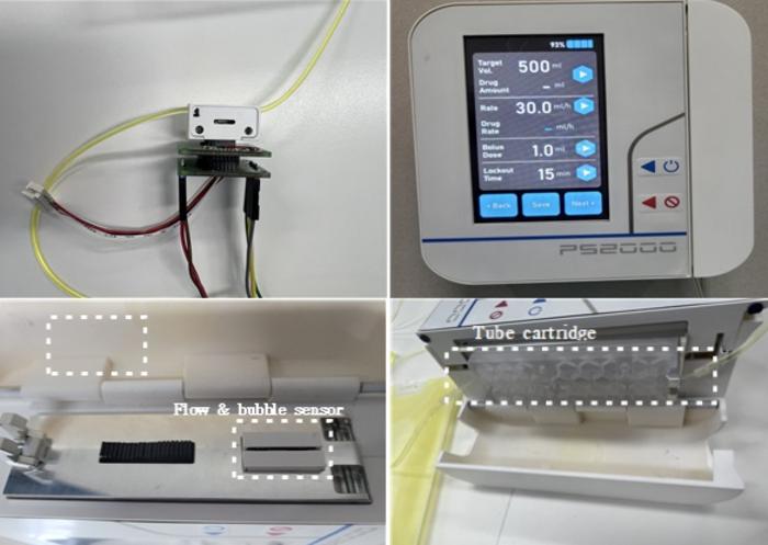 Integrated drug infusion pump with flow & bubble sensor modules