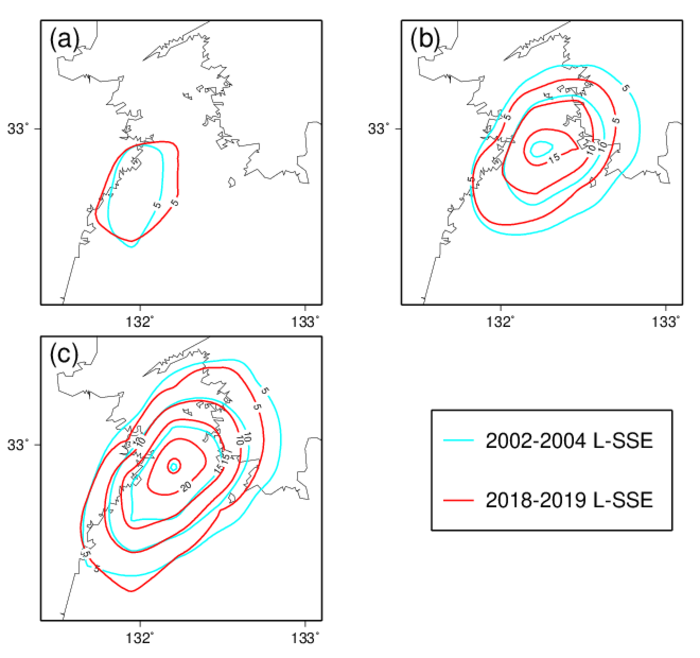 Figure 4: Spatial distribution of the amount of slippage during the 2002-2004 Bungo Channel L-SSE and the 2018-2019 Bungo Channel L-SSE.
