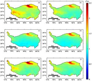 Spatial distribution of the atmospheric heat engine efficiency on the QTP from May to September for the period of 2000-2020. (a) May, (b) June, (c) July, (d) August, (e) September, (f) Average from May to September