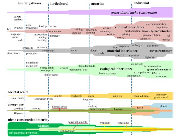 A stylized depiction of long-term evolutionary patterns of transformative anthroecological change