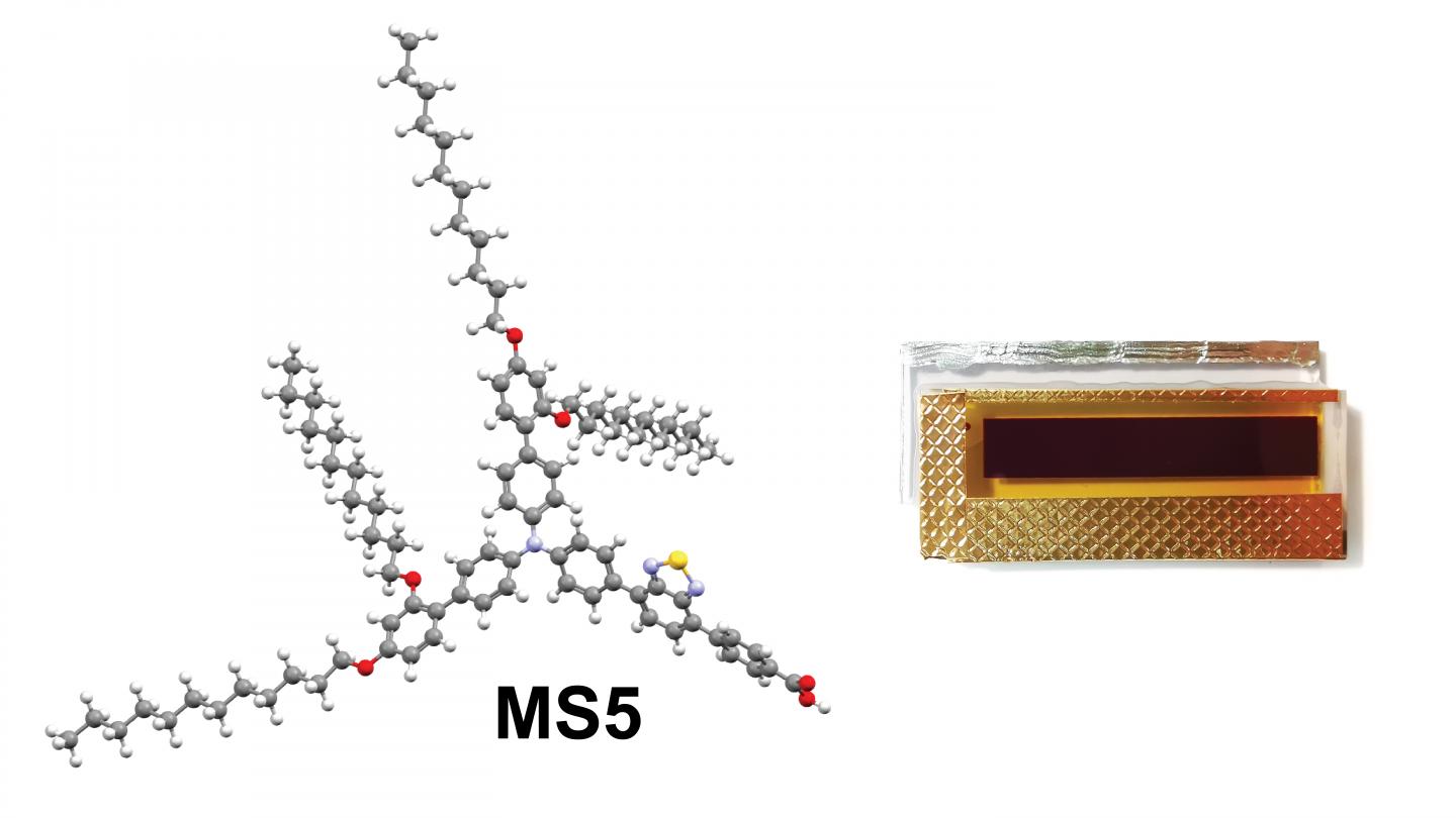 3D structural representation of MS5 and photograph of 3.8 cm2-size dye sensitized solar cells.