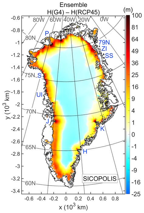 Results of SICOPOLIS simulations comparing the change of the Greenland Ice Sheet between GeoMIP G4 and RCP4.5