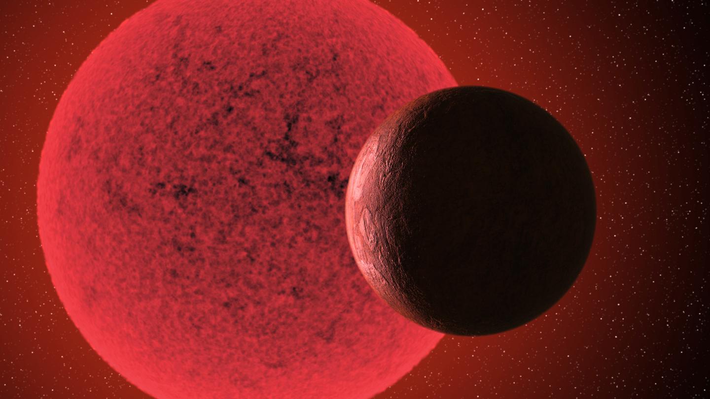 Artistic impression of the super-Earth in orbit round the red dwarf star GJ-740