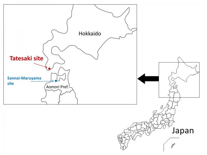 北海道福島町館崎遺跡と青森県三内丸山遺跡の地図