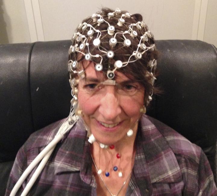 An Adult with EEG Sensors to Record the Brain's Response to Sound