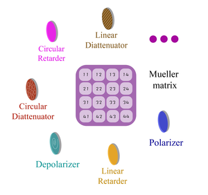 Mueller matrix and its encoded vectorial information. The vectorial metrics can be used to access the specific vectorial information within the matrix. Image credit: doi 10.1117/1.AP.4.2.026001.