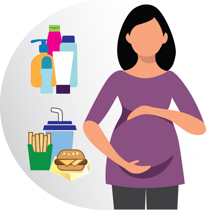 Pregnant female with beauty product and packaged fast food.