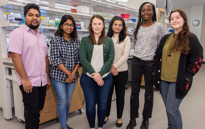 Members of the Rogers Lab include, from left, Ha Meem, Saima Akhter, Alicia Rogers, Trilotma Sen, Favour Nwose, and Rhiannon Maddock.