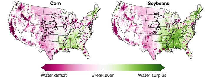 U.S. map of projected mid-century irrigation groundwater deficit—the volumetric difference between irrigated water and available water—with currently irrigated corn and soybean areas outlined in black