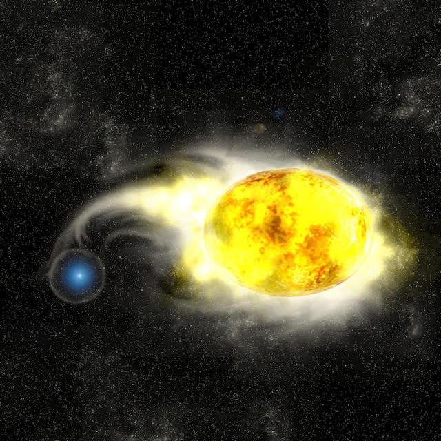 Artist's impression of a yellow supergiant in a close binary with a blue, main sequence companion star