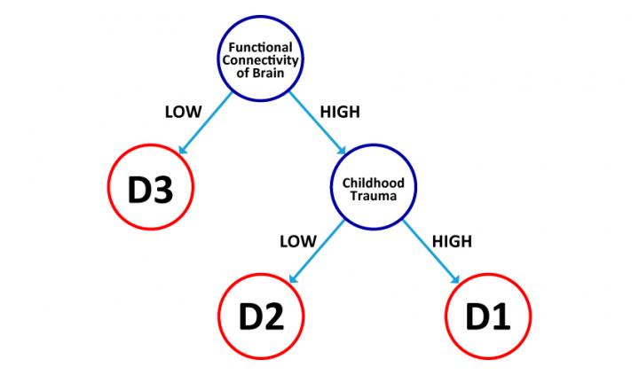 テストスコアと3つのうつ病のサブタイプの模式図。