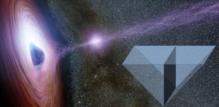 Double-prism device with thin film in between shown as dark light absorbing plane—mimicking a gravitational black hole.