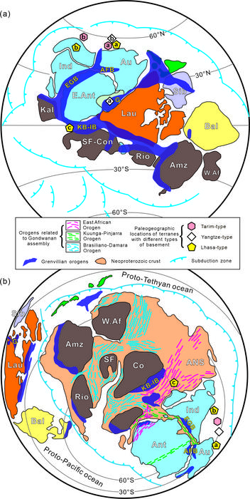 Reconstructions of Rodinia (a) and Gondwana (b) supercontinents