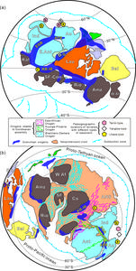 Reconstructions of Rodinia (a) and Gondwana (b) supercontinents