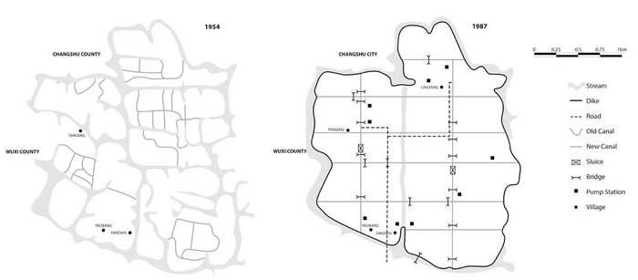The layout of the Fandian Polder in Suzhou, respectively in 1954 and 1987.