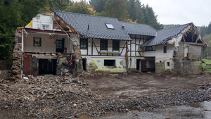 Damaged mill by river in Sarbach in the Ahr Valley 2021 following the devastating floods