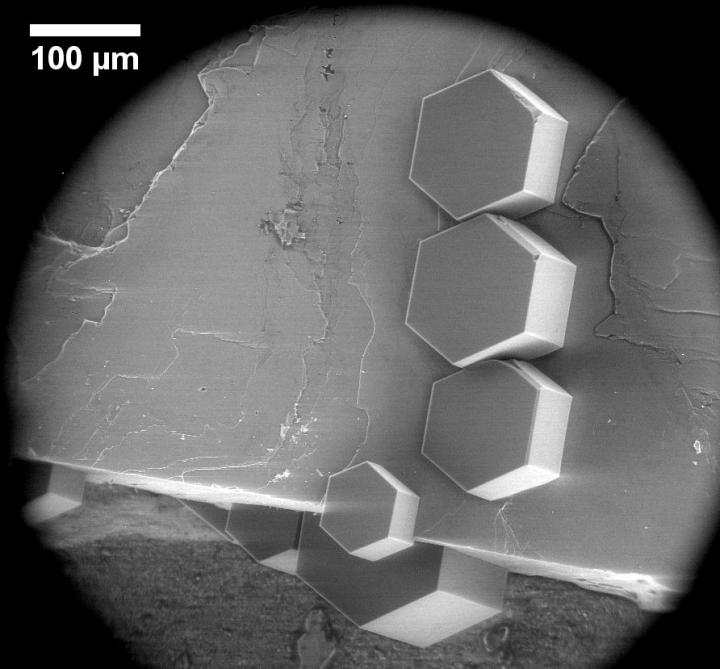 Ice Crystals on a Feldspar Crystallite under the Electron Microscope