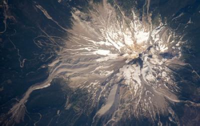 Aerial View of Gray Volcanic Deposits Ridges Along Mount Hood