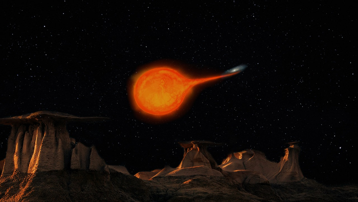 Artist's impression of a cataclysmic variable system as seen from the surface of an orbiting planet