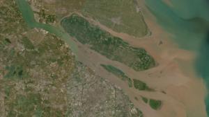 Satellite image of the Yangtze near Shanghai, China, where the turbid, brown water illustrates high sediment delivery. Credit: basemaps, Esri, Maxar, Earthstar Geographics, and the GIS User Community