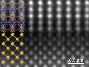 Scanning transmission electron micrograph of the interface between germanium (bottom) and LSZTO (top)