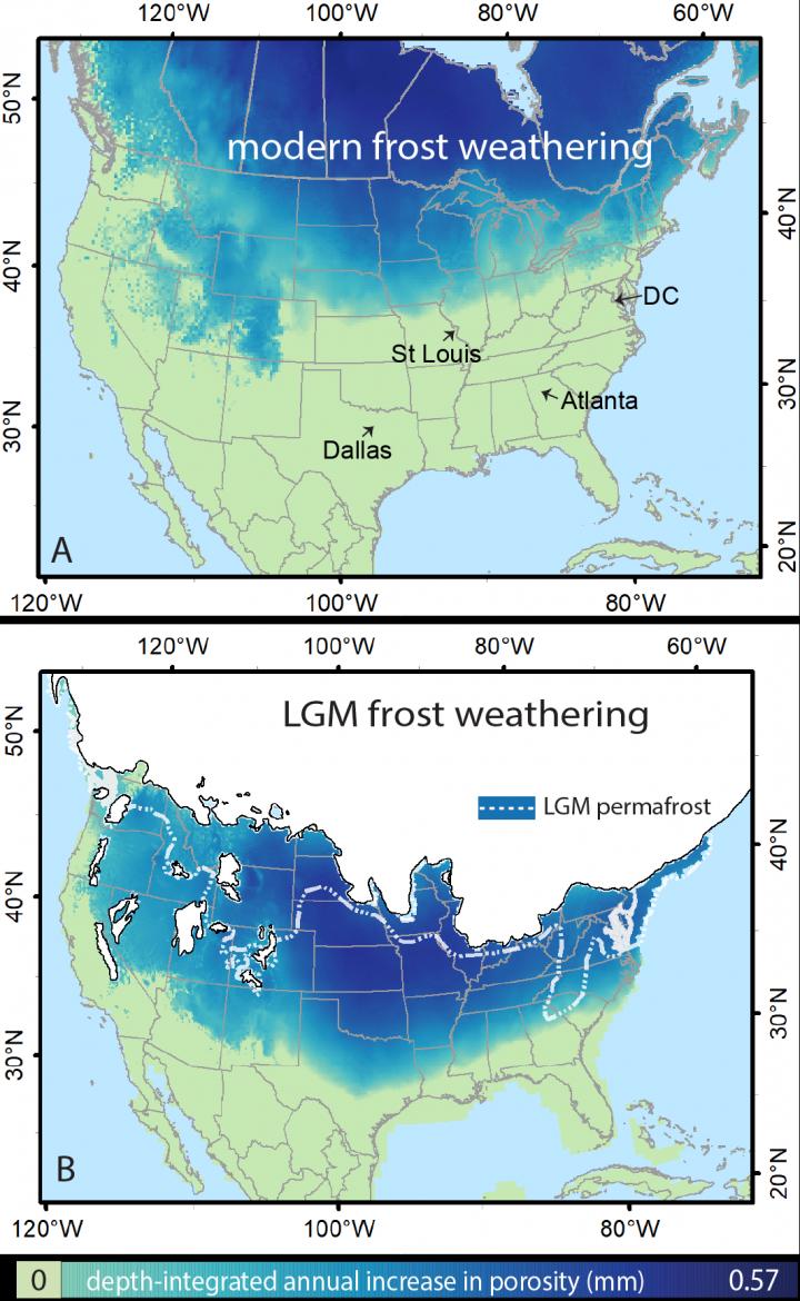 Extent of frost cracking in North America