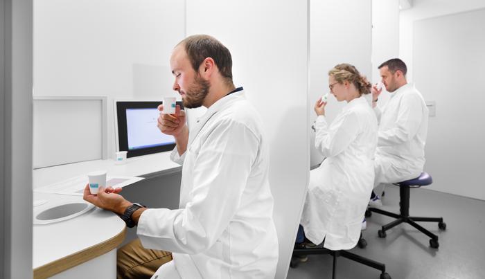 Scientists in the sensory lab of the Leibniz Institute for Food Systems Biology at the Technical University of Munich conducting odor tests.