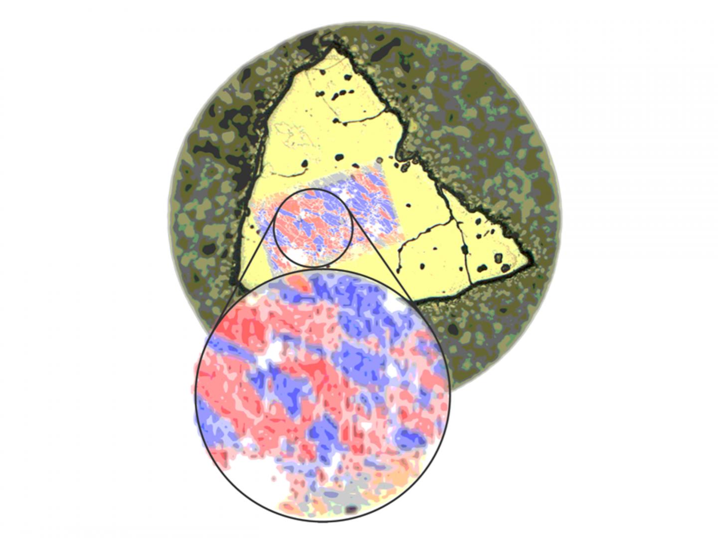 Enantiomorph distribution map of left (red)- and right-handed (blue) grains of β-Mn in a polycrystalline material