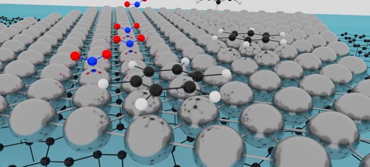 A schematic of platinum atoms deposited on the surface of the carbon "buffer-layer