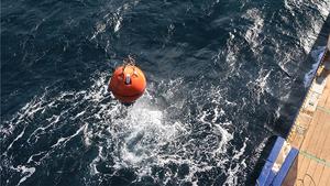 An acoustic current meter, built into a mooring buoy being prepared for deployment in the Atlantic. The ocean current is measured with these instruments.