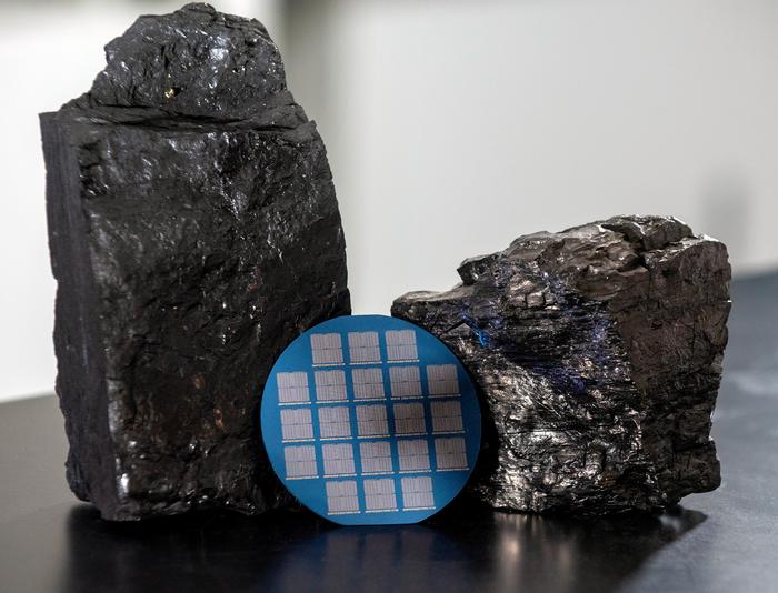 A wafer containing memristors fabricated with high-quality two-dimensional carbon processed from bituminous Blue Gem coal mined in southeastern Kentucky, two samples of which are shown here.