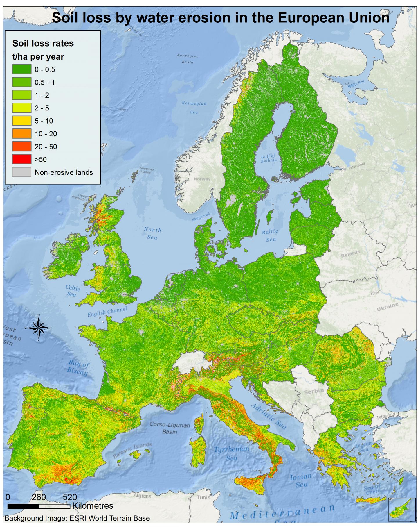 Soil Loss by Water Erosion in the European Union