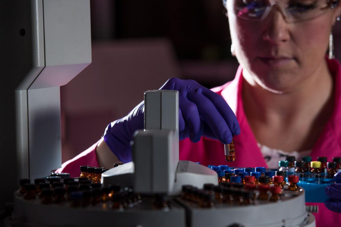 Analytical chemist Marie Swita tests biofuel samples to measure purity.