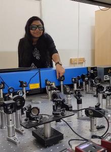 Lead author Jyothsna KM aligning optical beams for up-conversion experiments